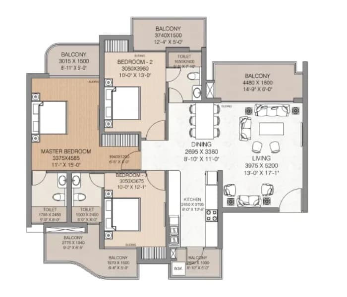 3 BHK – 1350-1545 sq. ft.